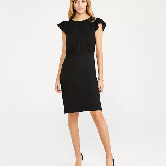 Ann Taylor Petite Black Flutter Sleeve Sheath Dress - Picture 1 of 2
